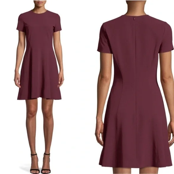 THEORY Modern Seamed Short Sleeve Jewel Neck Shift Dress in Deep Mulberry - Picture 11 of 14